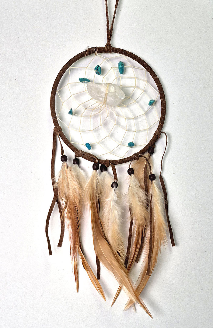 Brown vision seeker dream catcher with Quartz point, Turquoise gemstone chips and feathers, handmade in Canada.