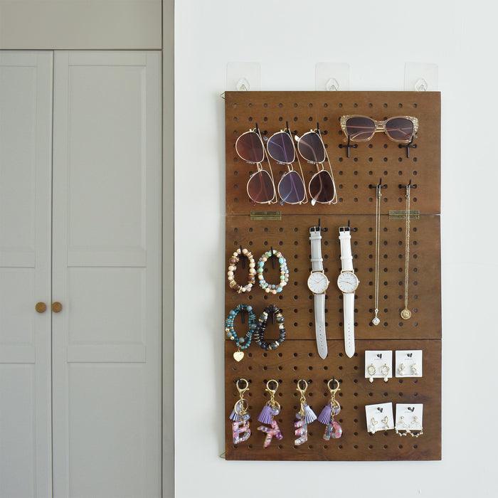 Wooden Foldable 3-Panel Jewelry Pegboard Display with 48 Removable Black Hooks, Brown Color