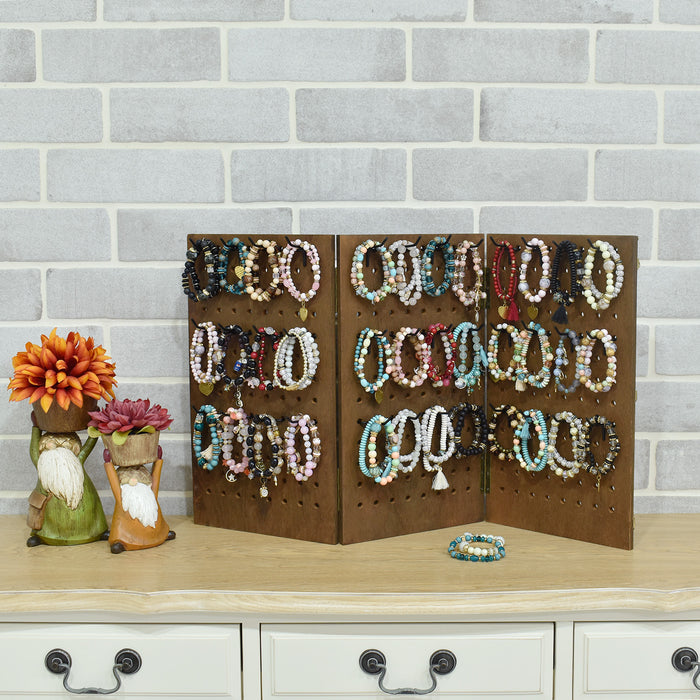 Wooden Foldable 3-Panel Jewelry Pegboard Display with 48 Removable Black Hooks, Brown Color