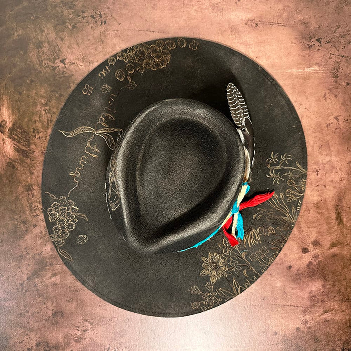 WTBLACKBRONZEWEB fedora hat with floral design