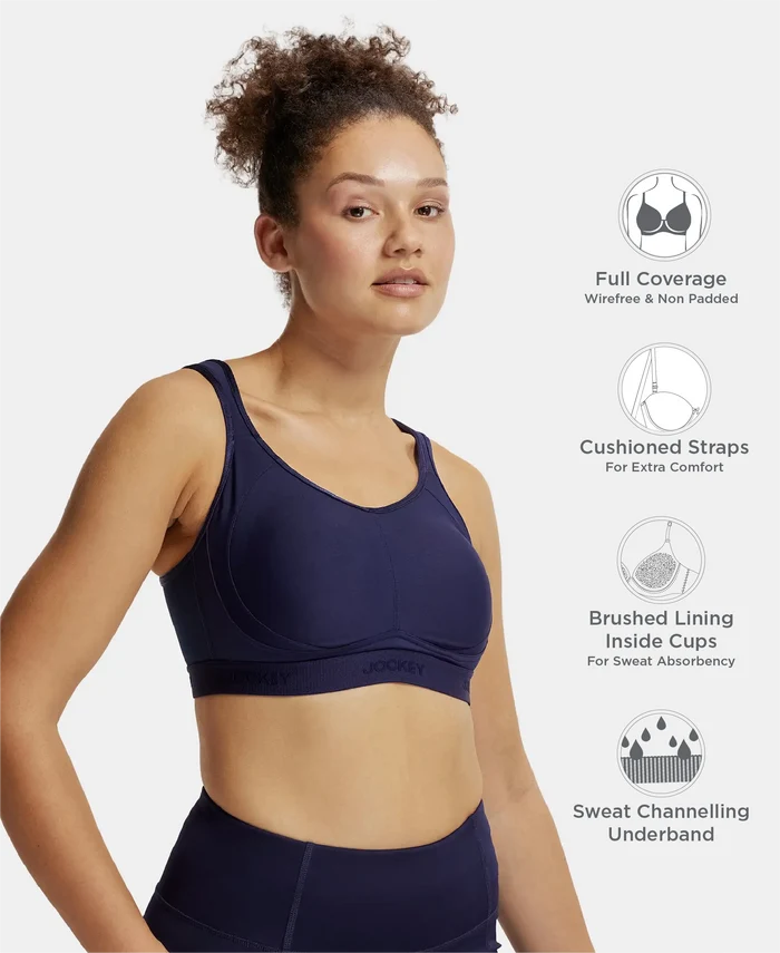 Wirefree Non Padded Plus Size Microfiber Elastane Stretch Full Coverage Sports Bra with StayDry Treatment - Peacoat