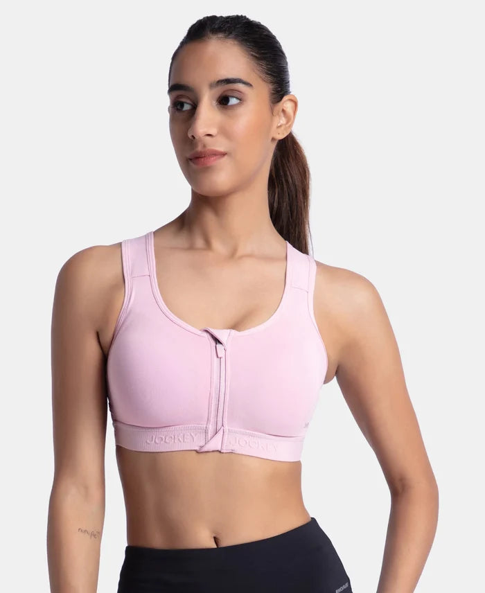 Wirefree Padded Microfiber Elastane Stretch Full Coverage Active Bra with Front Zipper Styling - Bleached Mauve