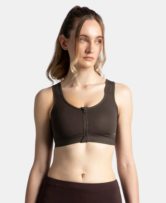 Wirefree Padded Microfiber Elastane Stretch Full Coverage Active Bra with Front Zipper Styling - Coffee