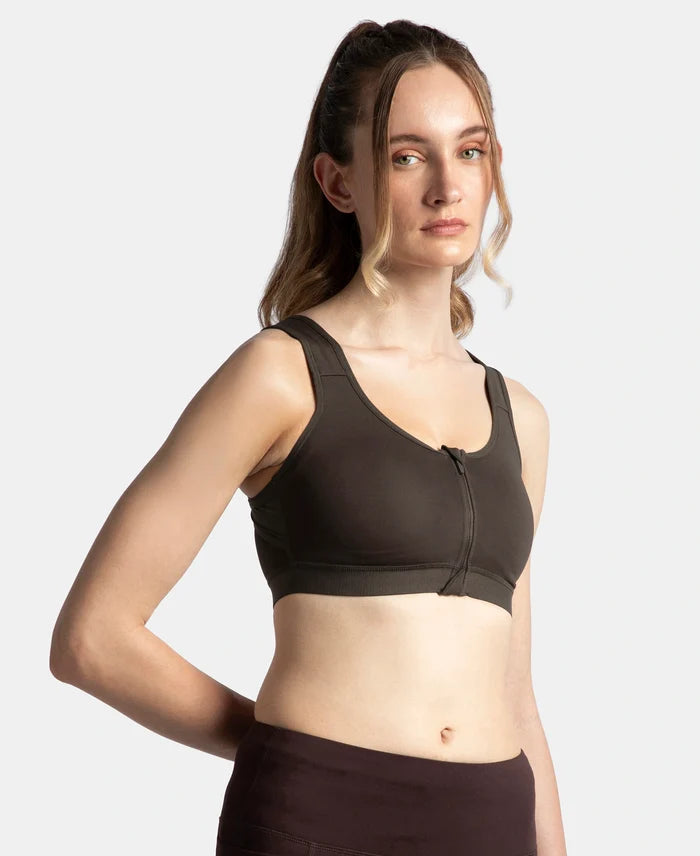Wirefree Padded Microfiber Elastane Stretch Full Coverage Active Bra with Front Zipper Styling - Coffee