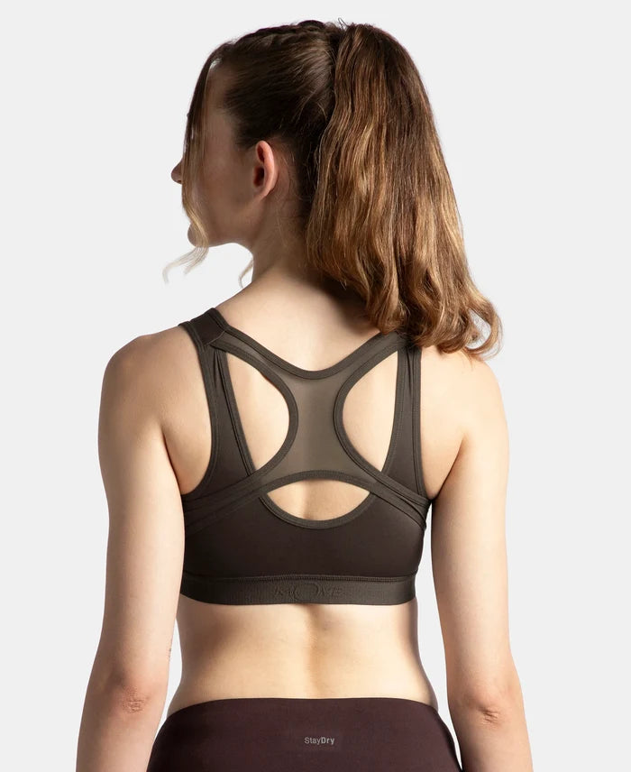 Wirefree Padded Microfiber Elastane Stretch Full Coverage Active Bra with Front Zipper Styling - Coffee