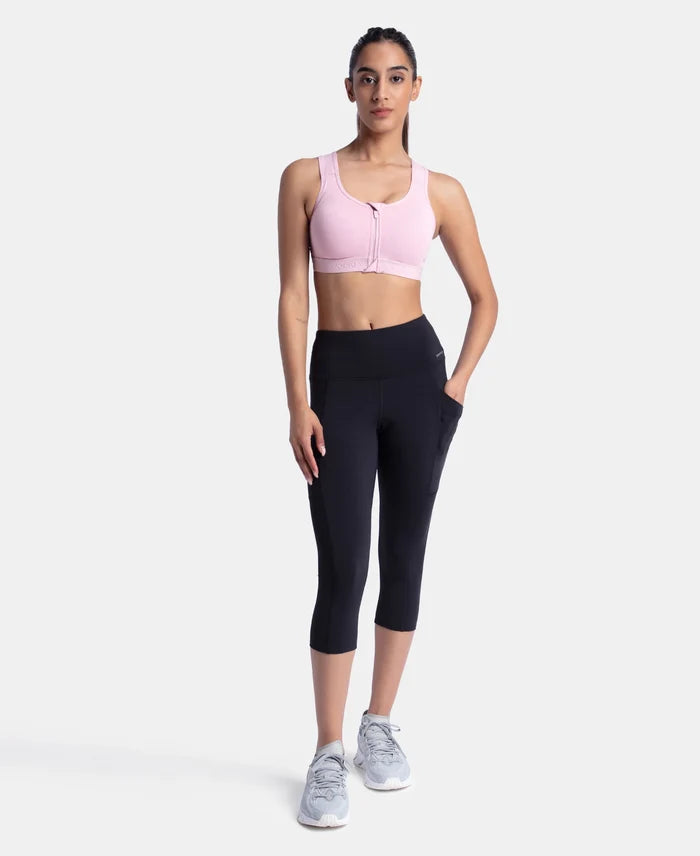 Wirefree Padded Microfiber Elastane Stretch Full Coverage Active Bra with Front Zipper Styling - Bleached Mauve