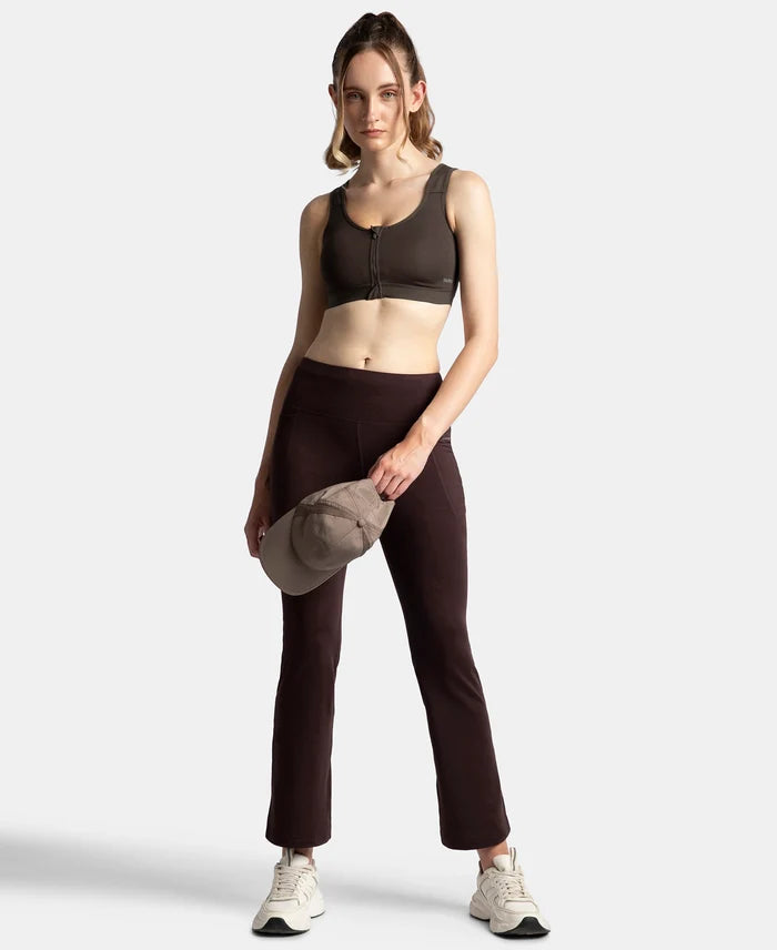 Wirefree Padded Microfiber Elastane Stretch Full Coverage Active Bra with Front Zipper Styling - Coffee