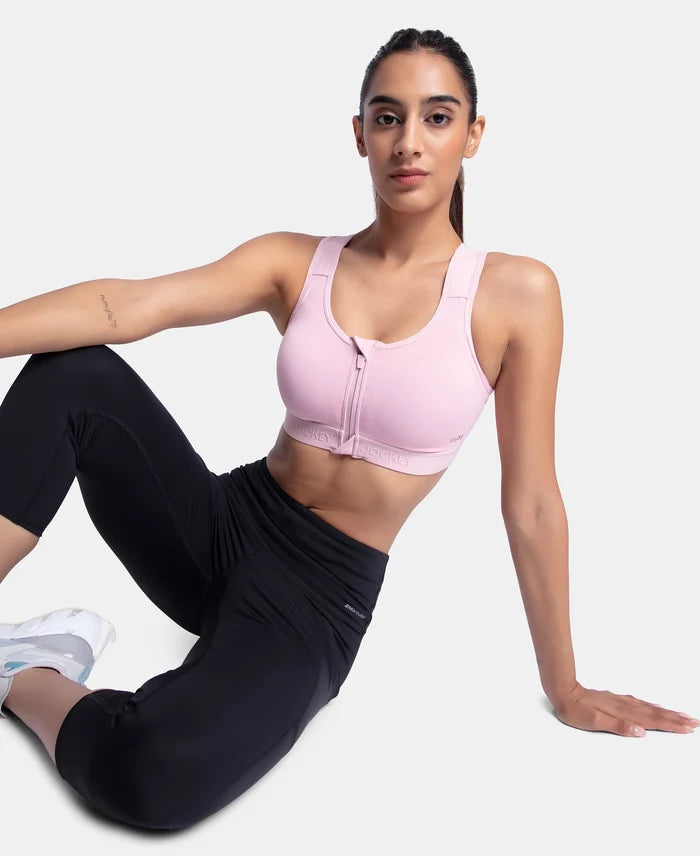 Wirefree Padded Microfiber Elastane Stretch Full Coverage Active Bra with Front Zipper Styling - Bleached Mauve