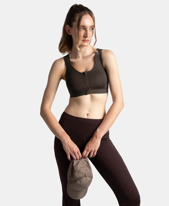 Wirefree Padded Microfiber Elastane Stretch Full Coverage Active Bra with Front Zipper Styling - Coffee