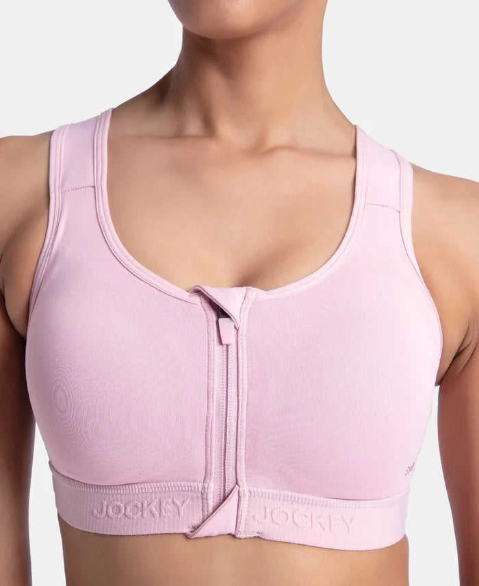 Wirefree Padded Microfiber Elastane Stretch Full Coverage Active Bra with Front Zipper Styling - Bleached Mauve