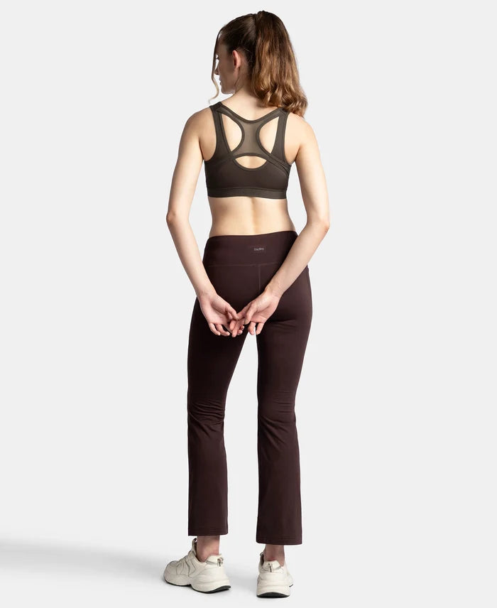 Wirefree Padded Microfiber Elastane Stretch Full Coverage Active Bra with Front Zipper Styling - Coffee