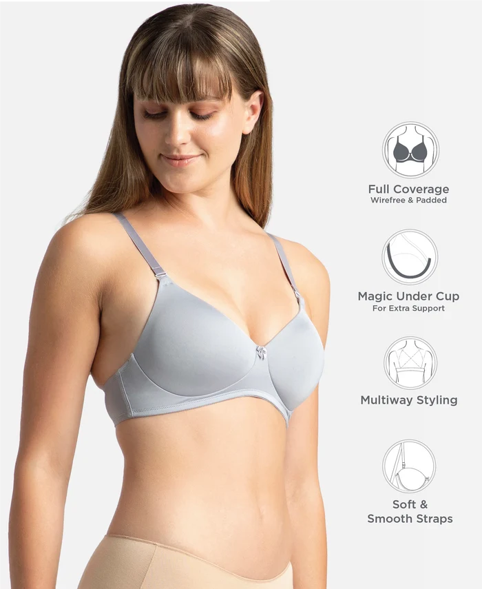 Wirefree Padded Microfiber Elastane Stretch Full Coverage T-Shirt Bra with Magic Under Cup - Lilac Grey