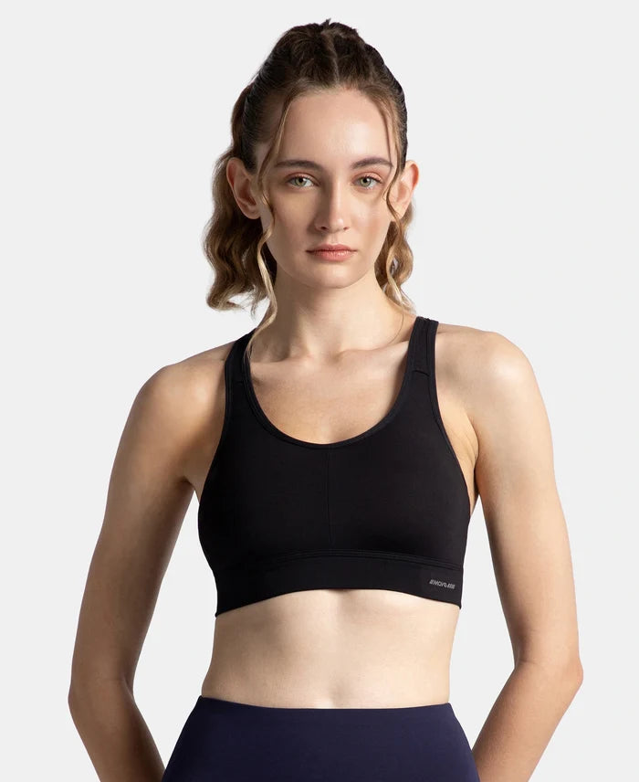 Wirefree Padded Soft Touch Microfiber Elastane Stretch Full Coverage Sports Bra with Broad Underband - Black