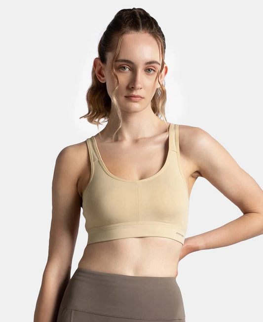 Wirefree Padded Soft Touch Microfiber Elastane Stretch Full Coverage Sports Bra with Broad Underband - Skin