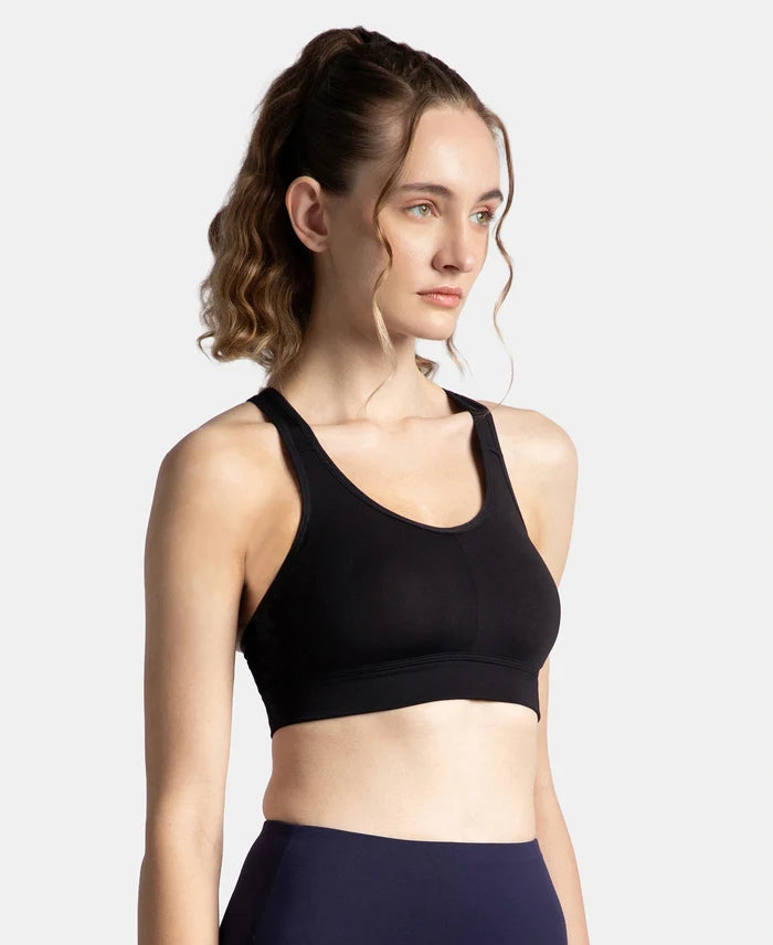 Wirefree Padded Soft Touch Microfiber Elastane Stretch Full Coverage Sports Bra with Broad Underband - Black