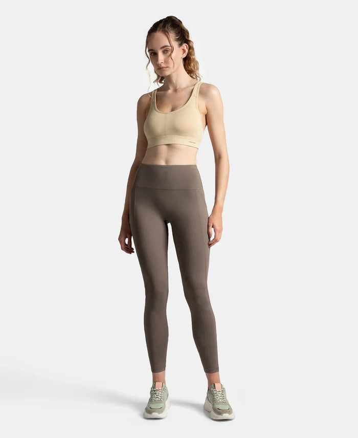 Wirefree Padded Soft Touch Microfiber Elastane Stretch Full Coverage Sports Bra with Broad Underband - Skin