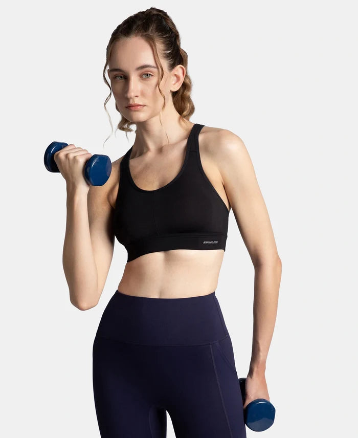 Wirefree Padded Soft Touch Microfiber Elastane Stretch Full Coverage Sports Bra with Broad Underband - Black