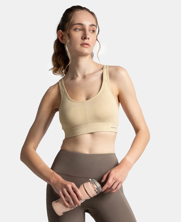 Wirefree Padded Soft Touch Microfiber Elastane Stretch Full Coverage Sports Bra with Broad Underband - Skin