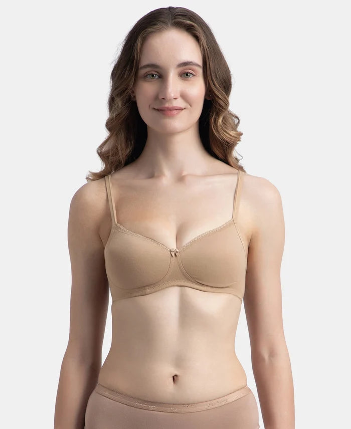 Wirefree Padded Super Combed Cotton Elastane Stretch Medium Coverage T-Shirt Bra with Lace Styling - Almondine