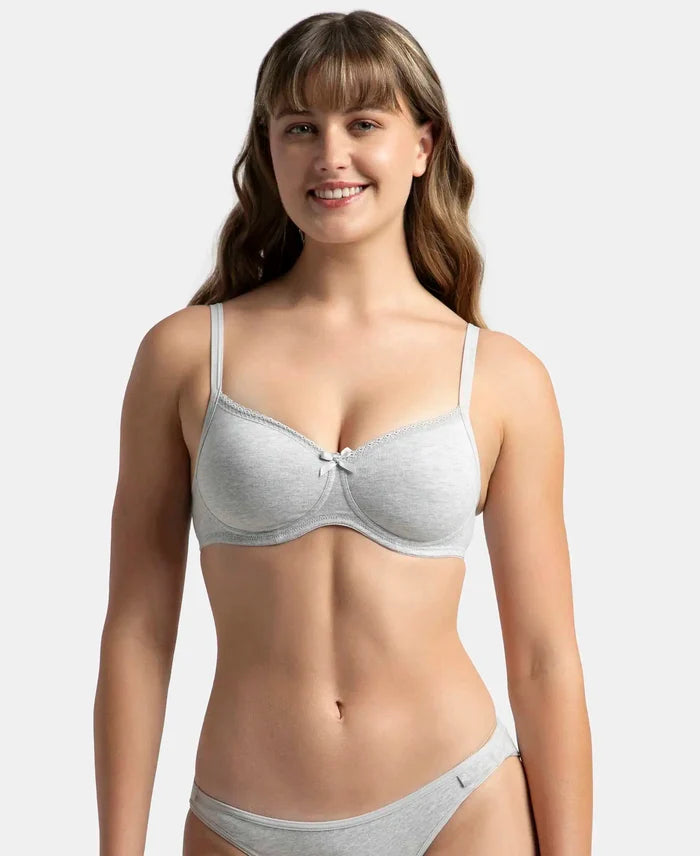 Wirefree Padded Super Combed Cotton Elastane Stretch Medium Coverage T-Shirt Bra with Lace Styling - Steel Grey Melange