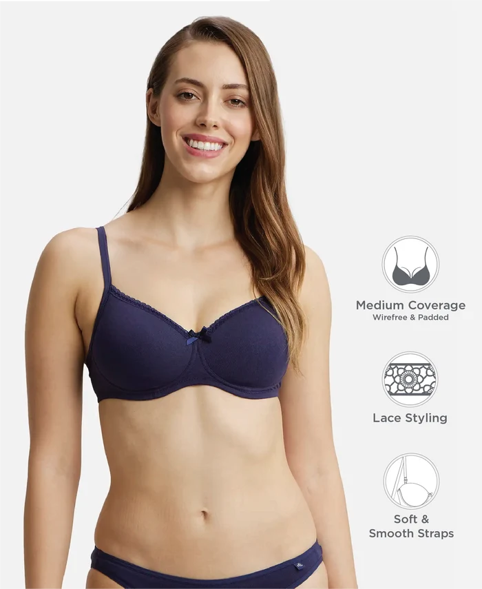 Wirefree Padded Super Combed Cotton Elastane Stretch Medium Coverage T-Shirt Bra with Lace Styling - Classic Navy