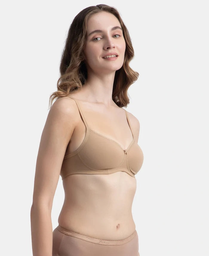 Wirefree Padded Super Combed Cotton Elastane Stretch Medium Coverage T-Shirt Bra with Lace Styling - Almondine