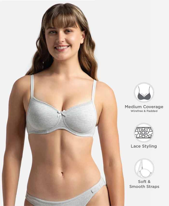 Wirefree Padded Super Combed Cotton Elastane Stretch Medium Coverage T-Shirt Bra with Lace Styling - Steel Grey Melange