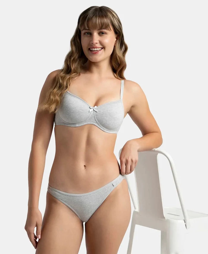 Wirefree Padded Super Combed Cotton Elastane Stretch Medium Coverage T-Shirt Bra with Lace Styling - Steel Grey Melange