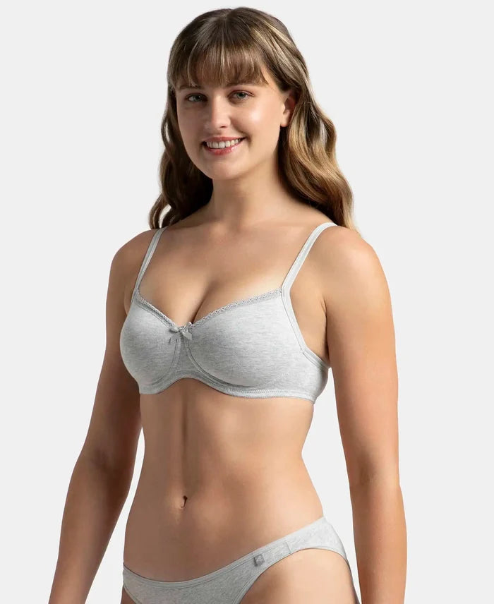 Wirefree Padded Super Combed Cotton Elastane Stretch Medium Coverage T-Shirt Bra with Lace Styling - Steel Grey Melange