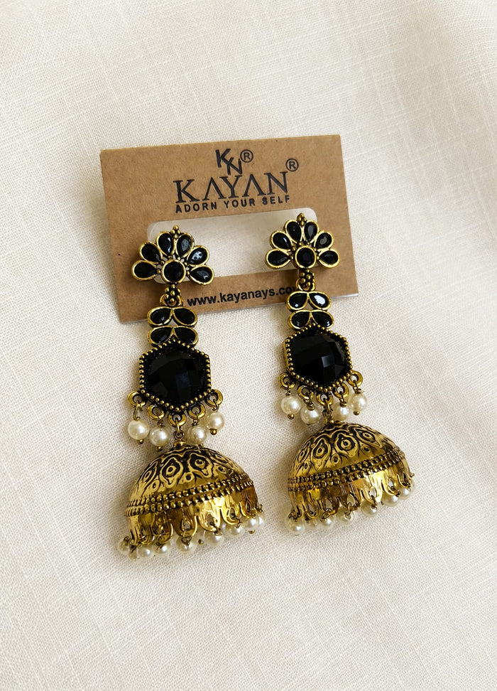 Women's Antique Gold-Tone Black Stone & Pearl Jhumka Earrings