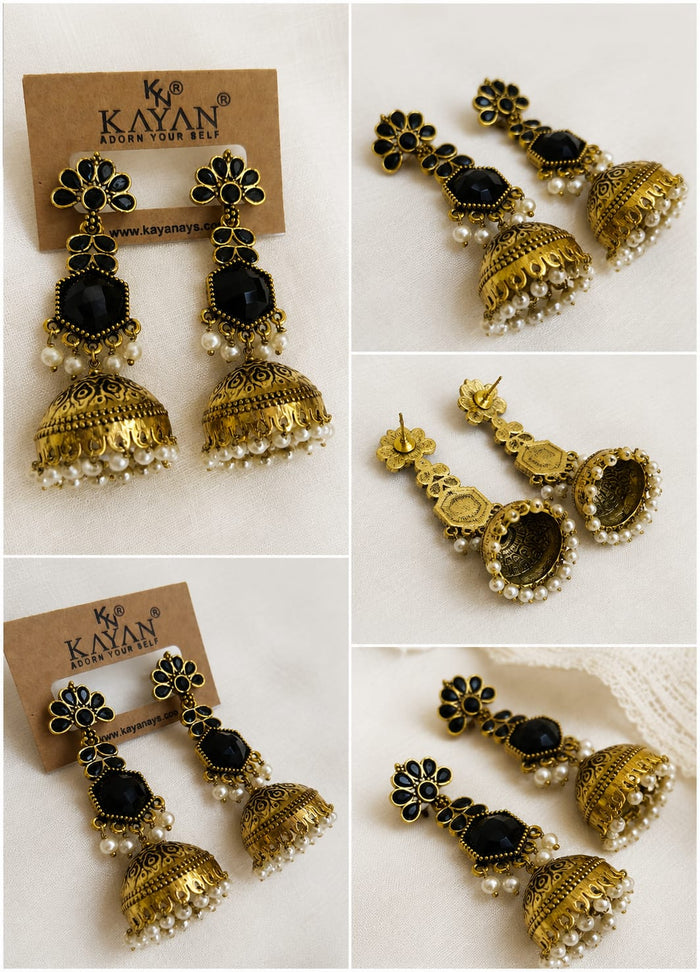 Women's Antique Gold-Tone Black Stone & Pearl Jhumka Earrings