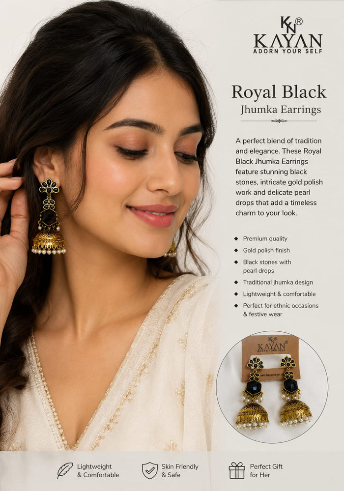 Women's Antique Gold-Tone Black Stone & Pearl Jhumka Earrings