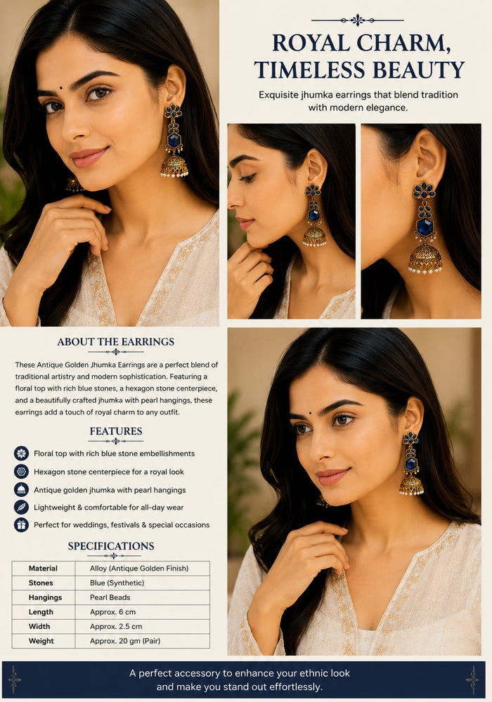 Women's Antique Gold-Tone Black Stone & Pearl Jhumka Earrings