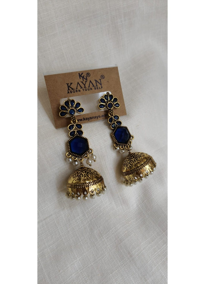Women's Antique Gold-Tone Royal Blue Stone & Pearl Jhumka Earrings