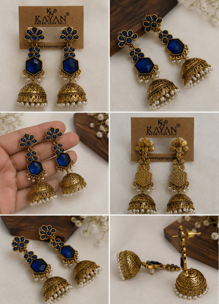 Women's Antique Gold-Tone Royal Blue Stone & Pearl Jhumka Earrings
