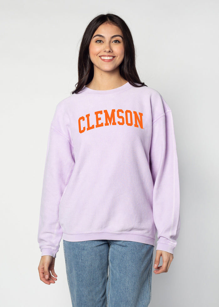 Clemson Tigers Unisex Lilac-Purple Oversized Premium cotton corded fleece Sweatshirt with Super soft hand feel, vintage wash and ribbed crew neckline, cuffs, and hemline