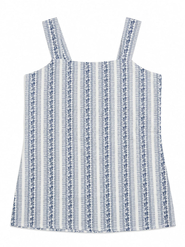 Women's Cotton Floral Stripe Lace-Up Back Sleeveless Top
