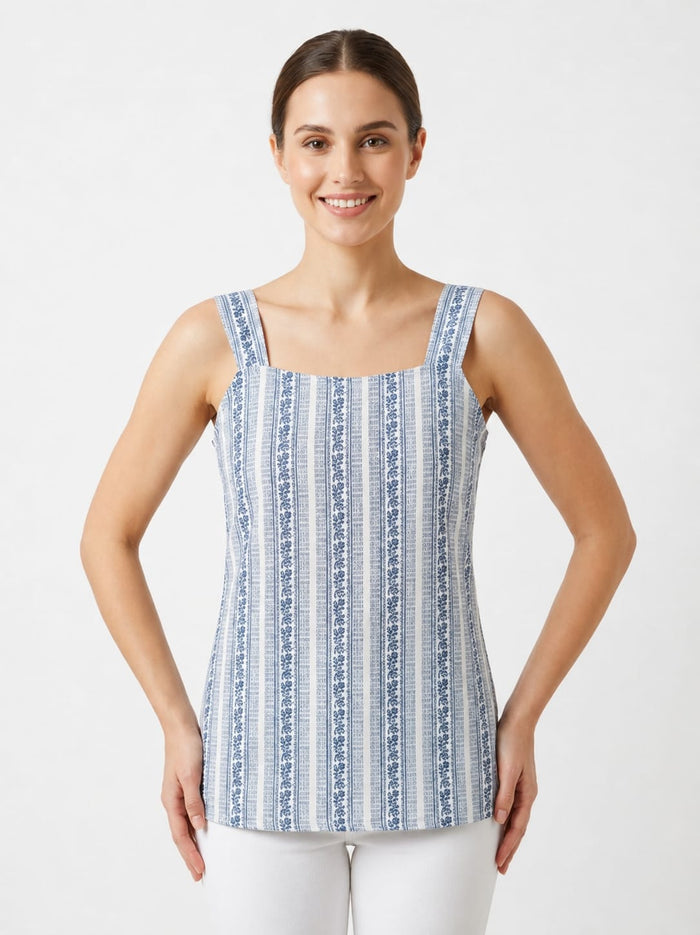 Women's Cotton Floral Stripe Lace-Up Back Sleeveless Top