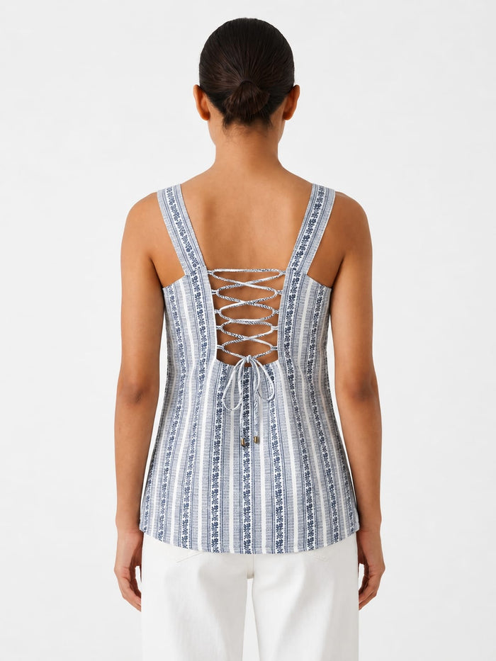 Women's Cotton Floral Stripe Lace-Up Back Sleeveless Top