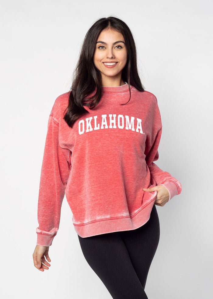 Oklahoma Sooners Unisex Cardinal Oversized Burnout fleece Sweatshirt with Ribbed crew neckline, cuffs, hem, dropped shoulders and relaxed bottom hem