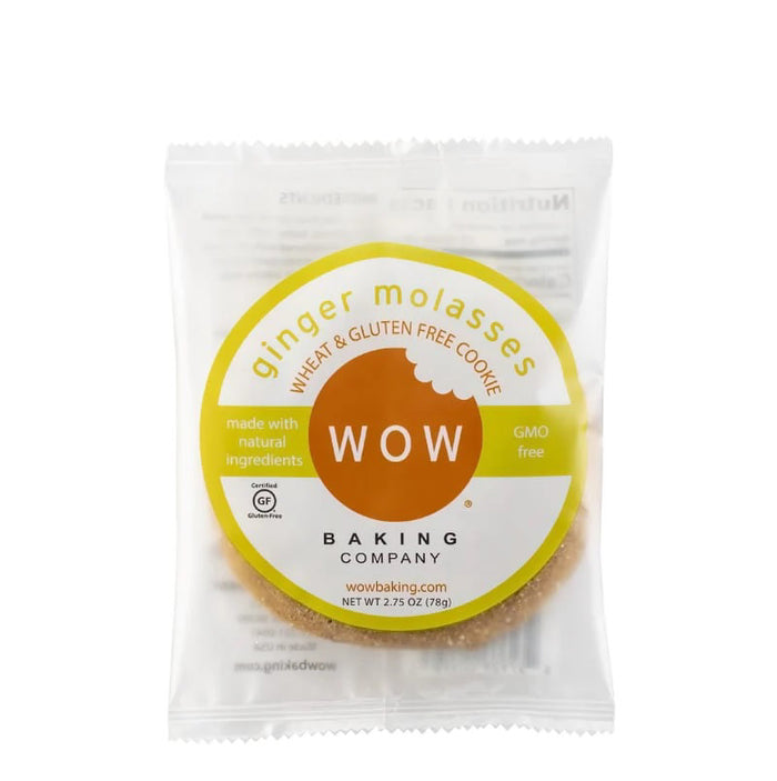 A 2.75 oz (78g) WOW Baking Company Gluten Free Ginger Molasses Cookie, GMO free, wheat free, and made with natural ingredients; the cookie is visible through clear packaging.